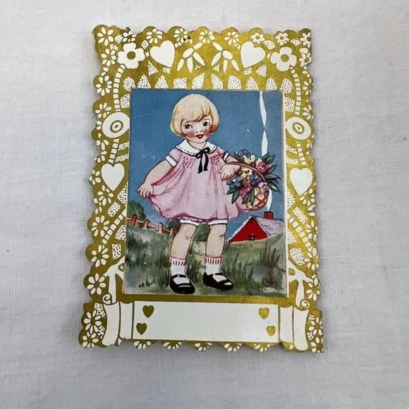 Vtg 1930s 1935 Valentine's Day Holiday Die Cut Double Side Boy Girl Cottage Card - Picture 4 of 4
